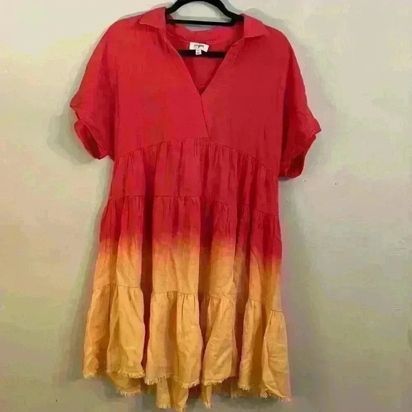 Umgee Linen Blend Dip Dye Collared Dress with Frayed Hem - Size S - Picture 1 of 12